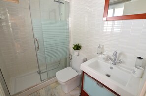Bagno con doccia vetrata, un water e un lavandino con specchio sopra.