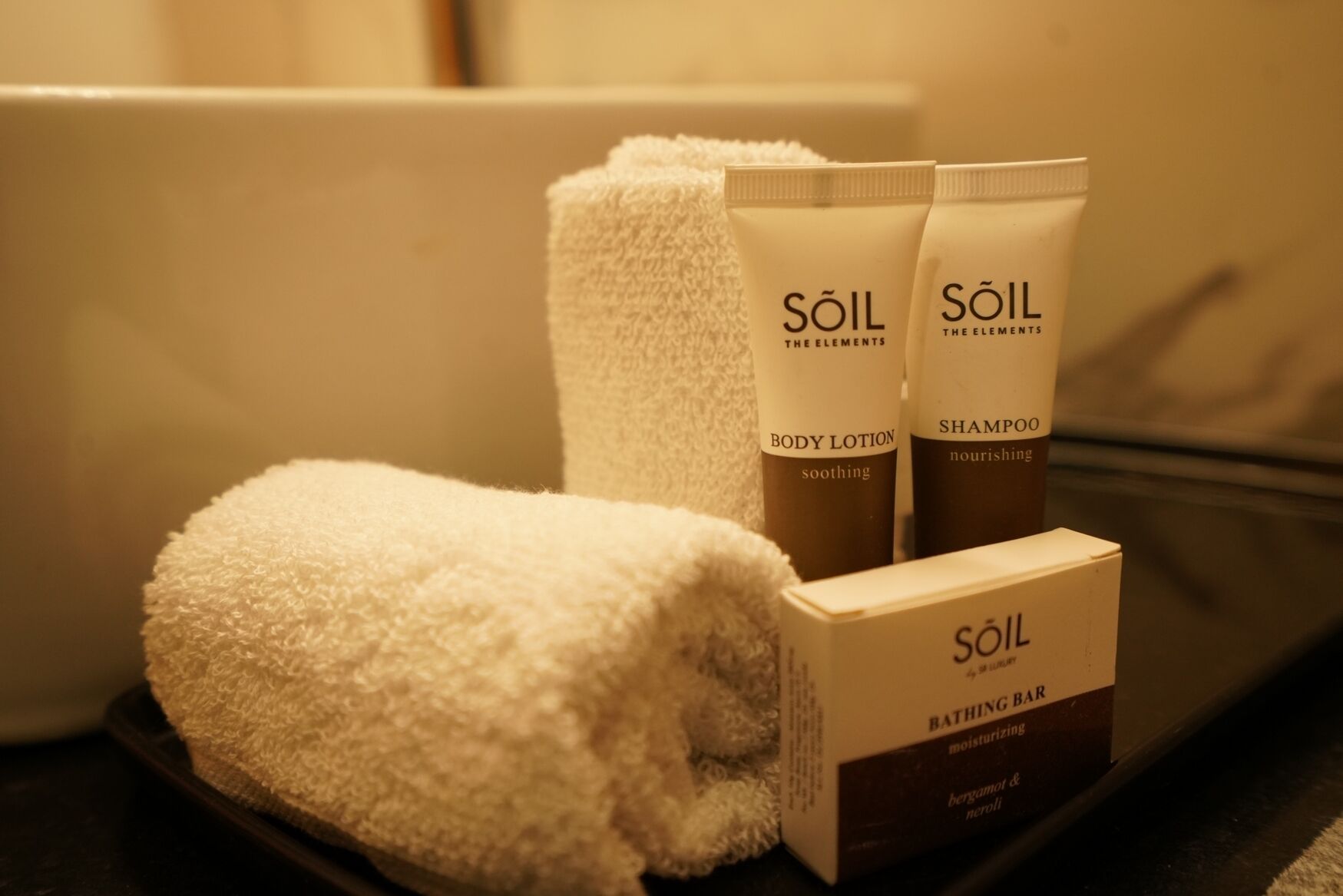 Ein Badezimmer mit Handtuch, zwei Körperlotionflaschen und einer Seife.