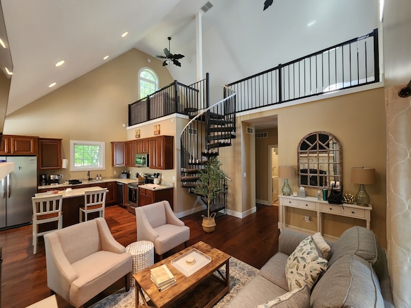 Smart TV, fireplace, books