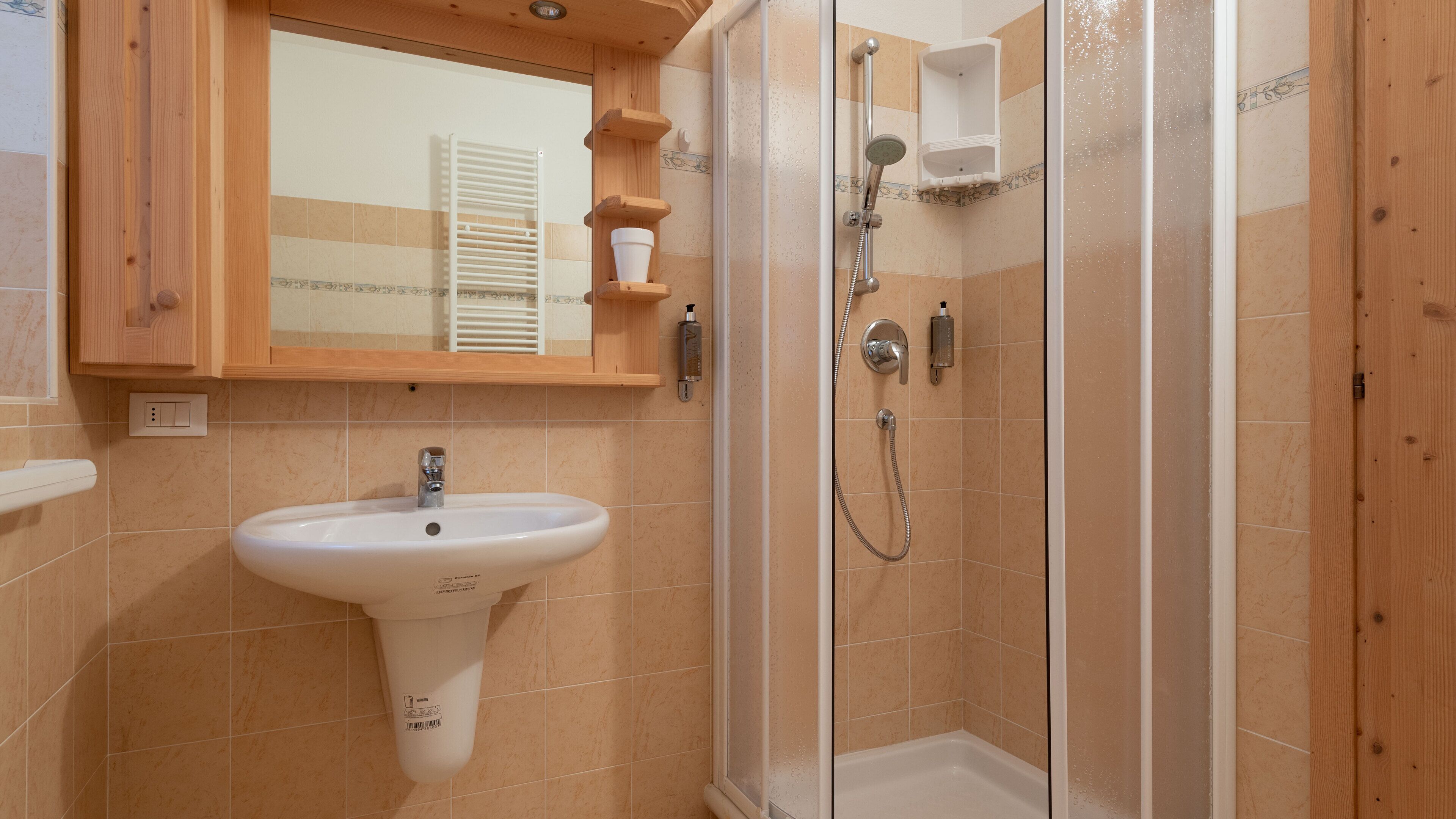 A bathroom with a sink, mirror, shower, and wooden cabinets.