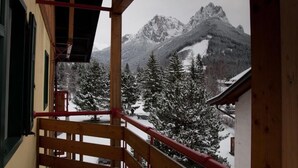 Un balcón de madera con vista a árboles nevados y montañas.