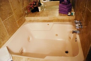 Shower, jetted tub, hair dryer, towels