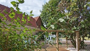 Eine Holzterrasse mit einer Pergola, umgeben von Kies und Grünpflanzen, mit einem Gebäude im Hintergrund.