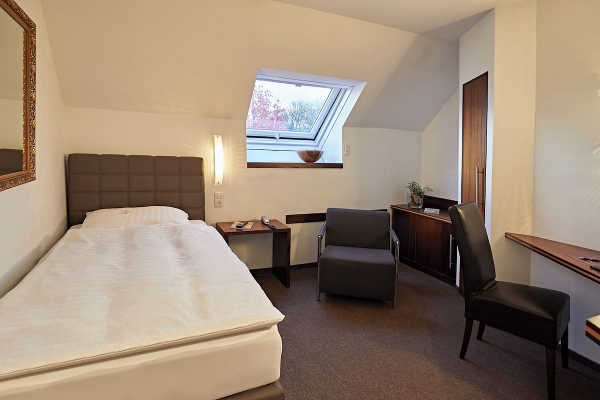 Ett hotellrum med en stor säng, ett skrivbord med en stol, ett litet bord med en växt och ett takfönster.