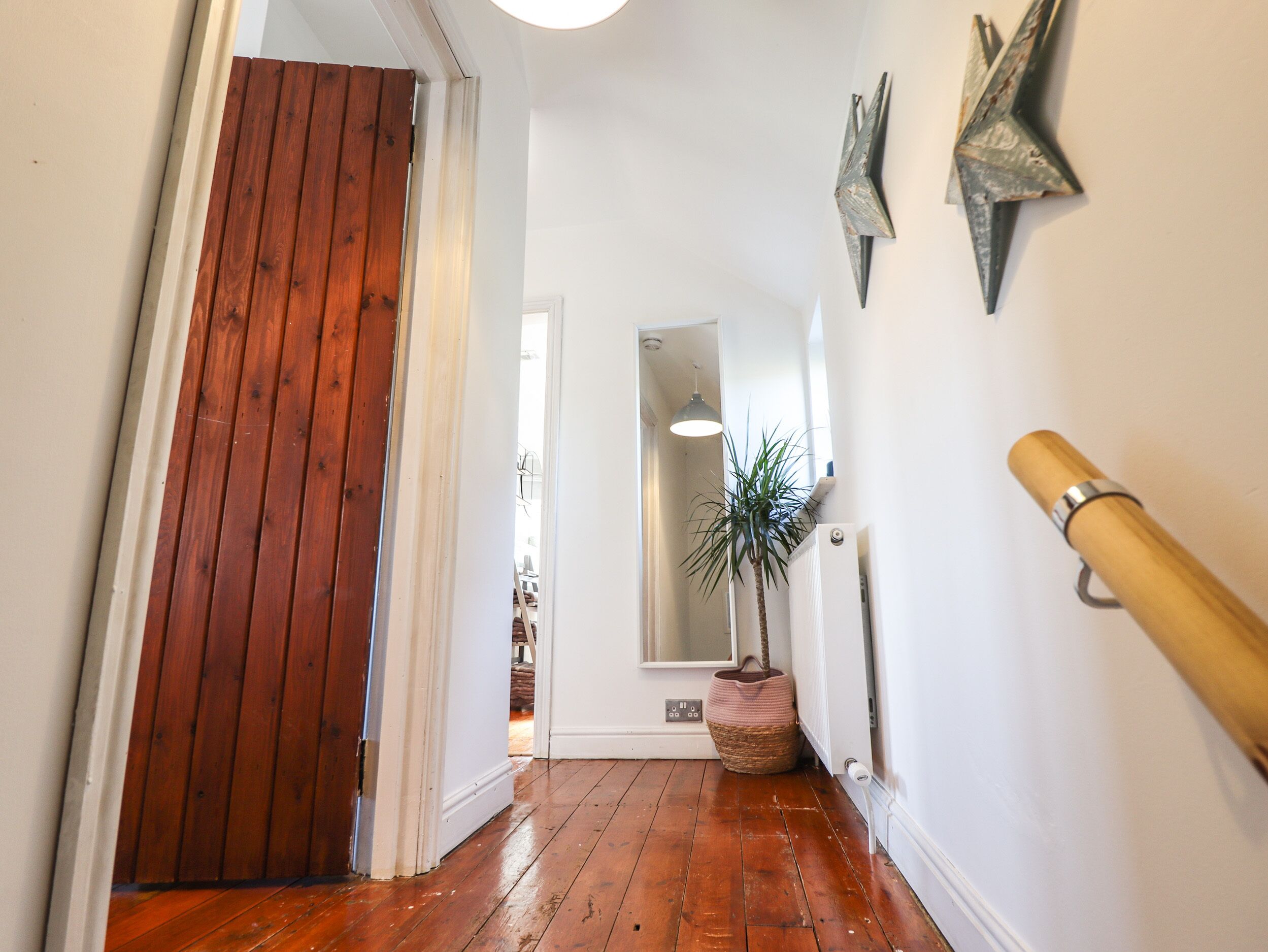 A hallway with wooden flooring, a white door, a potted plant, and a star-shaped wall decoration.