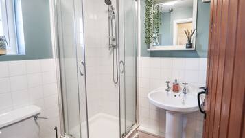 A bathroom with a glass-enclosed shower, a white sink, and a toilet.