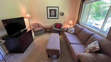 A living room with a television, two sofas, a coffee table, and a window with a view.