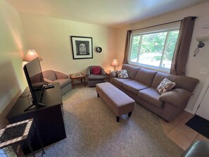 A living room with a sofa, ottoman, and a TV on a stand. - Wooded Hideaway & Gateway to Adventure. (Skandia)