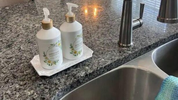Une cuisine dotée de plans de travail en granit, d’un évier en acier inoxydable et de deux distributeurs de savon liquide.