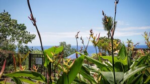 A tropical garden with a view of the ocean, featuring various plants and a gate. - NEW! Quiet Ocean-view 1st floor | Patio | Pool (Kailua Kona)