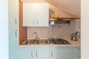 Fridge, microwave, stovetop, coffee/tea maker