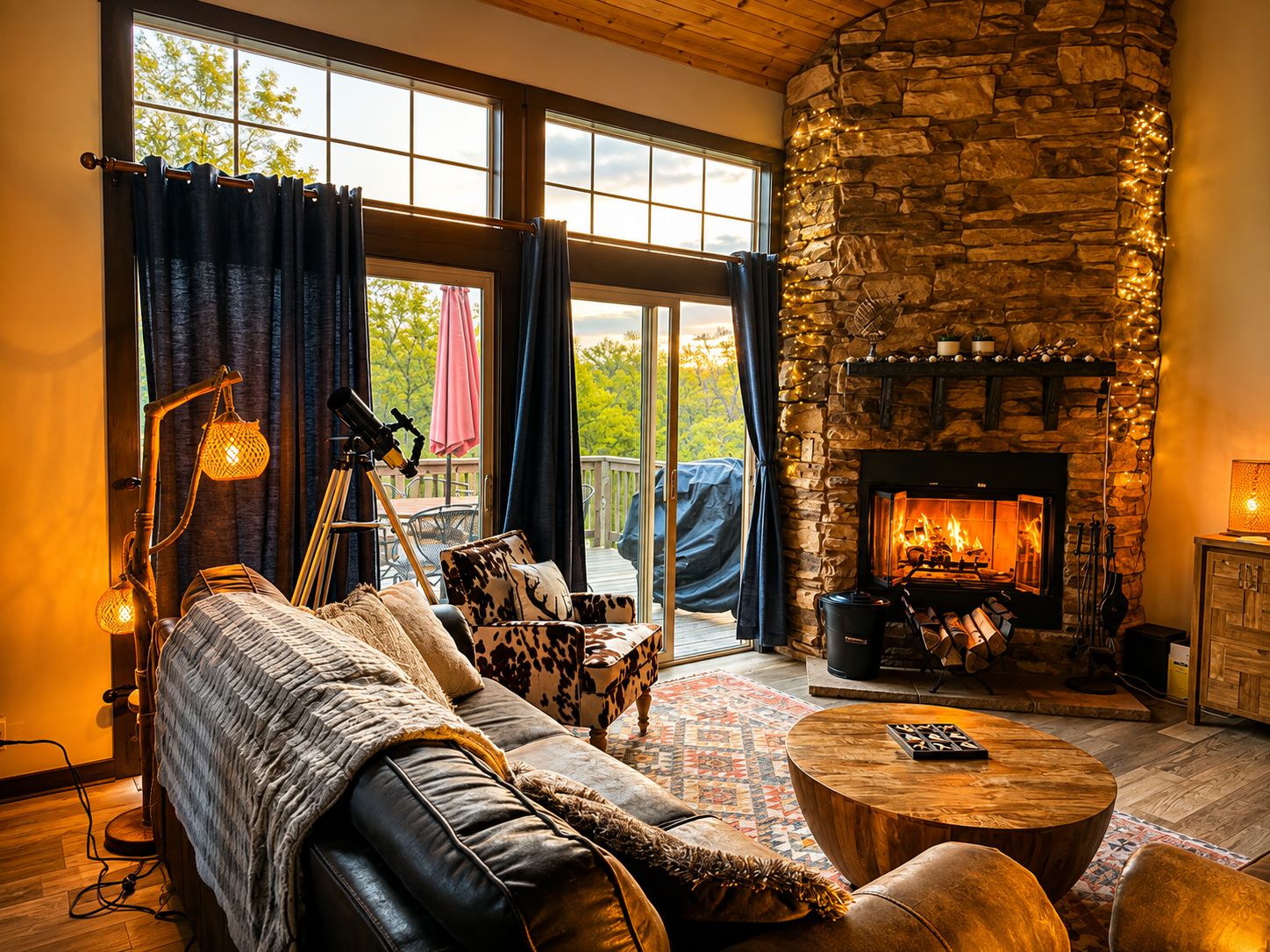 A cozy living room with a stone fireplace, leather sofa, and a telescope.