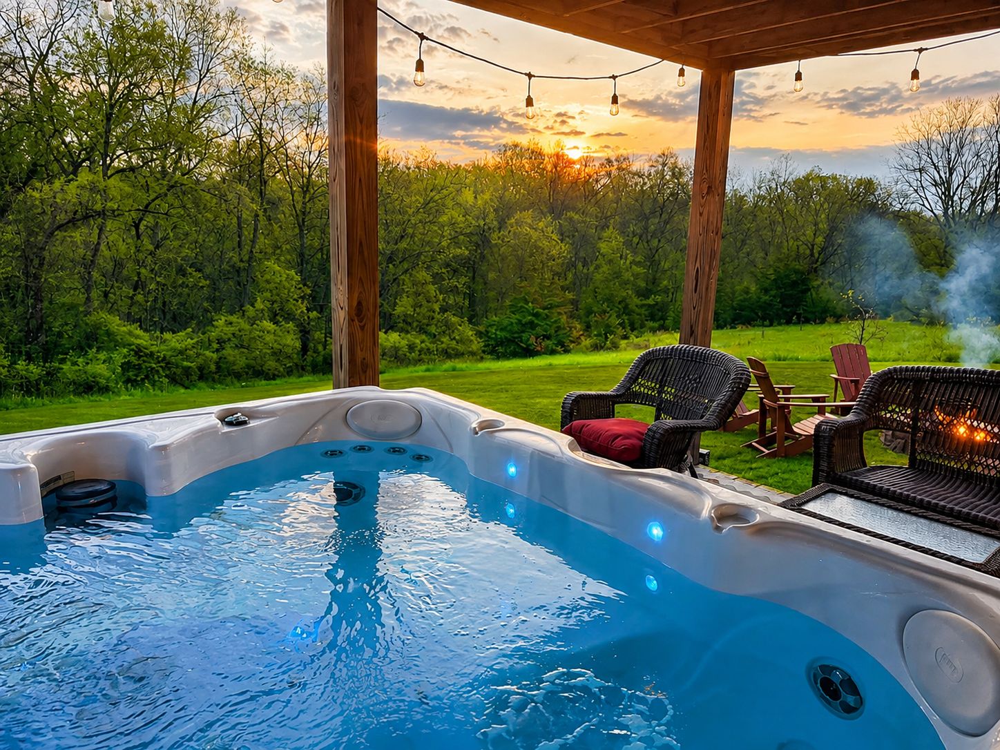 A hot tub with a view of a grassy area and trees, surrounded by wicker furniture.