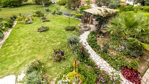 Un jardín con un sendero de piedra, diversas plantas y un pequeño edificio con techo de tejas.