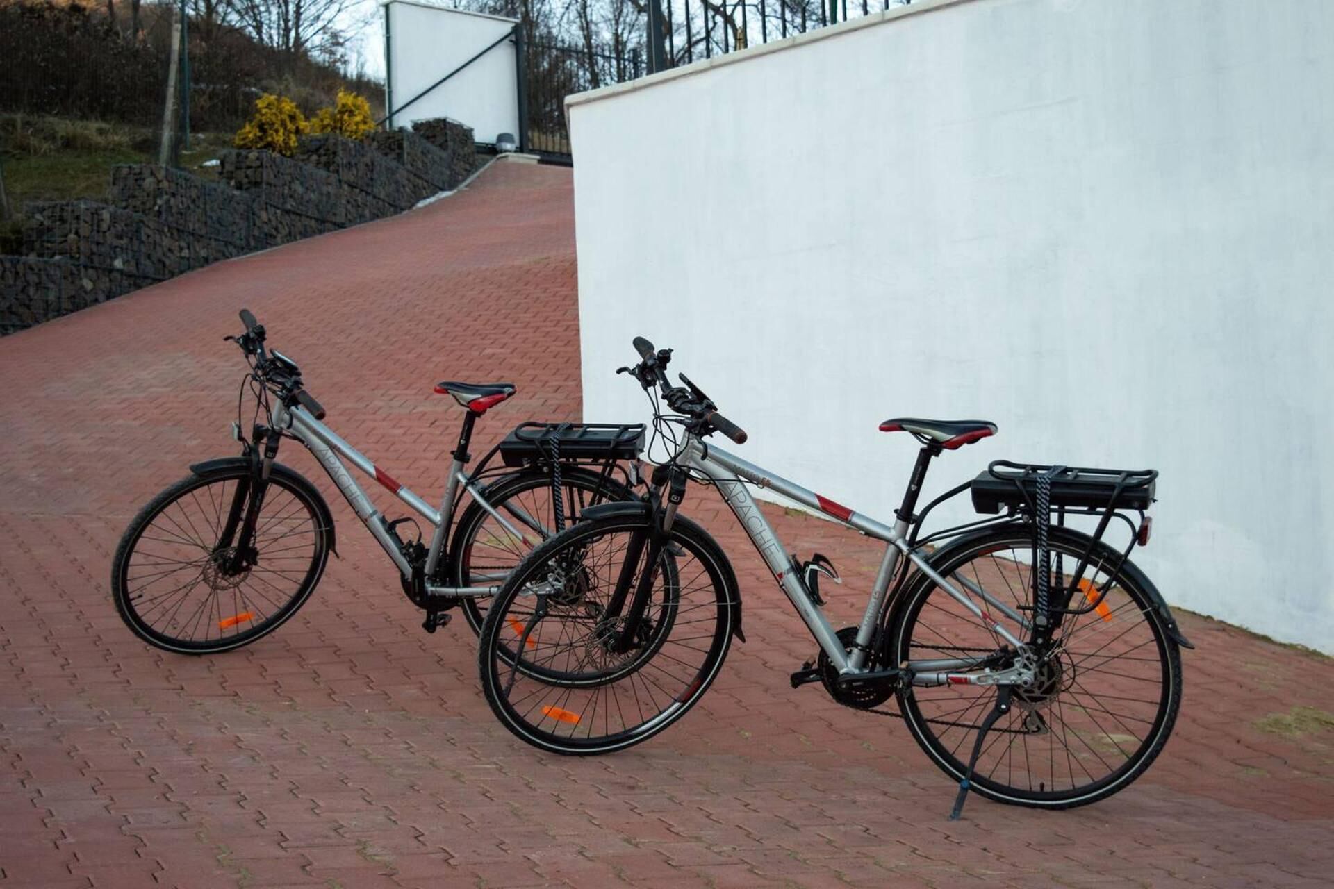 Een fiets geparkeerd op een met stenen bestraat pad, naast een witte muur.