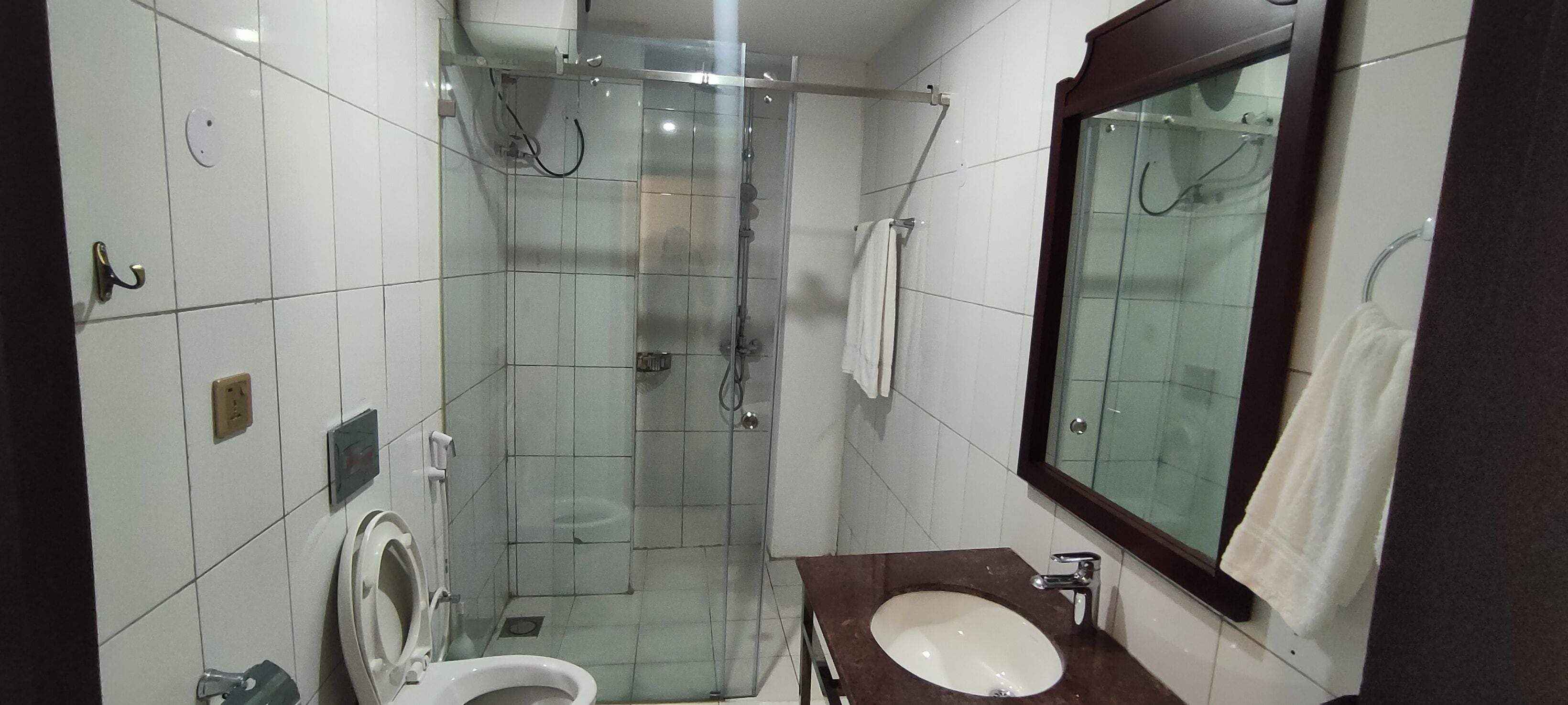 A small bathroom with a toilet, sink, and glass-enclosed shower.
