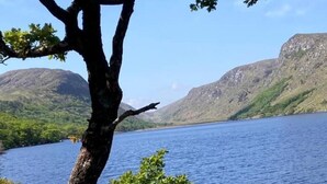 Un lago con un árbol en primer plano y montañas al fondo.