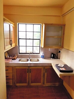 Kühlschrank, Mikrowelle, Herdplatte, Kochgeschirr/Geschirr/Besteck