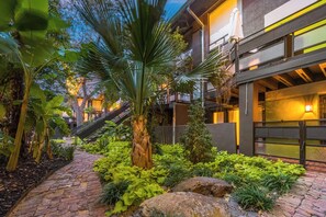Stroll through the lush garden, surrounded by greenery and a palm tree, to a modern staircase.