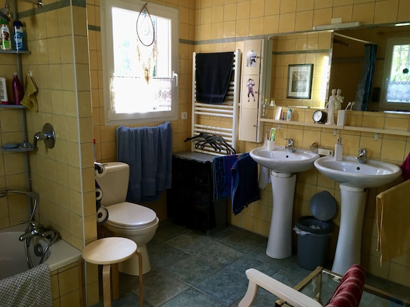 Bathroom features a bathtub, sink, and toilet, with a window and decorative ornament.