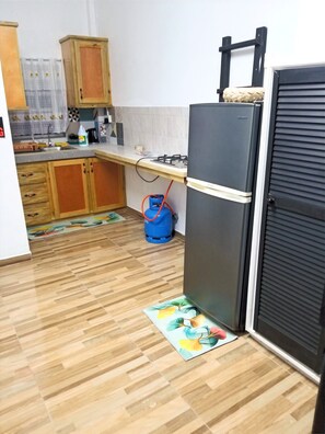 Kühlschrank, Mikrowelle, Herdplatte, Kochgeschirr/Geschirr/Besteck