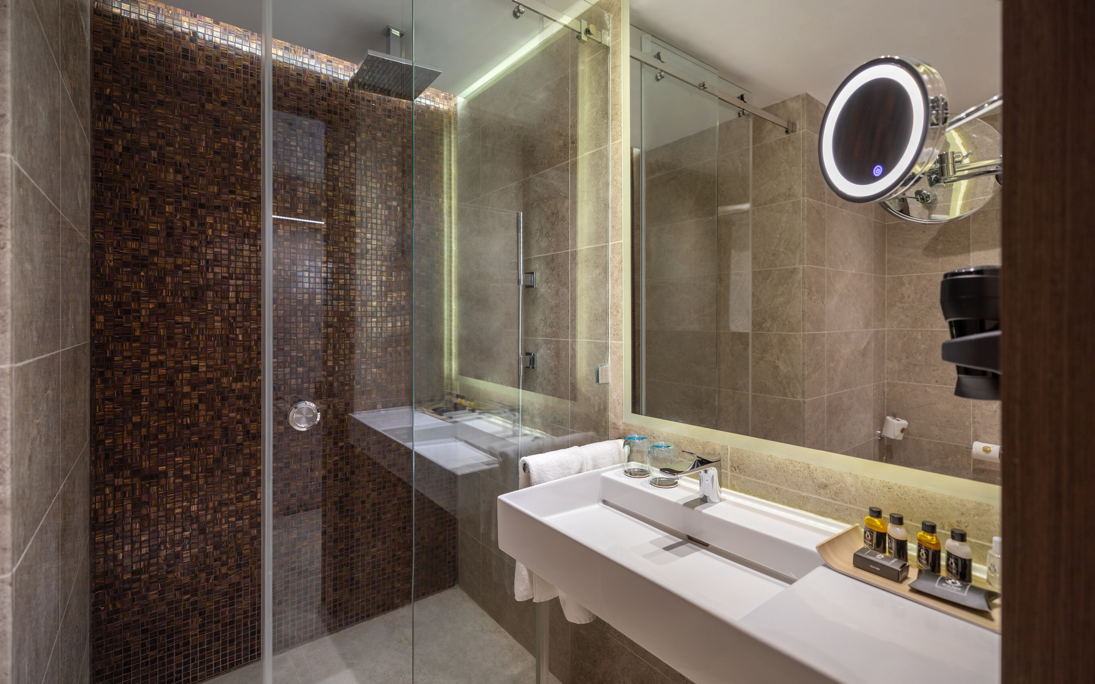 shower, hydromassage showerhead, hair dryer, bathrobes