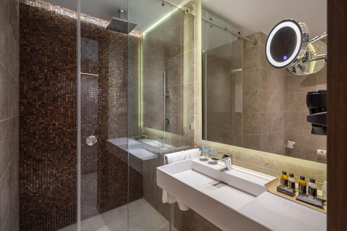 shower, hydromassage showerhead, hair dryer, bathrobes