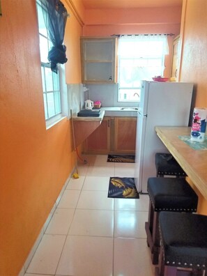 Fridge, microwave, stovetop, cookware/dishes/utensils