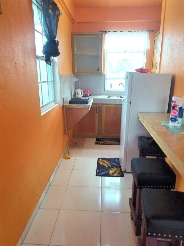 Kühlschrank, Mikrowelle, Herdplatte, Kochgeschirr/Geschirr/Besteck