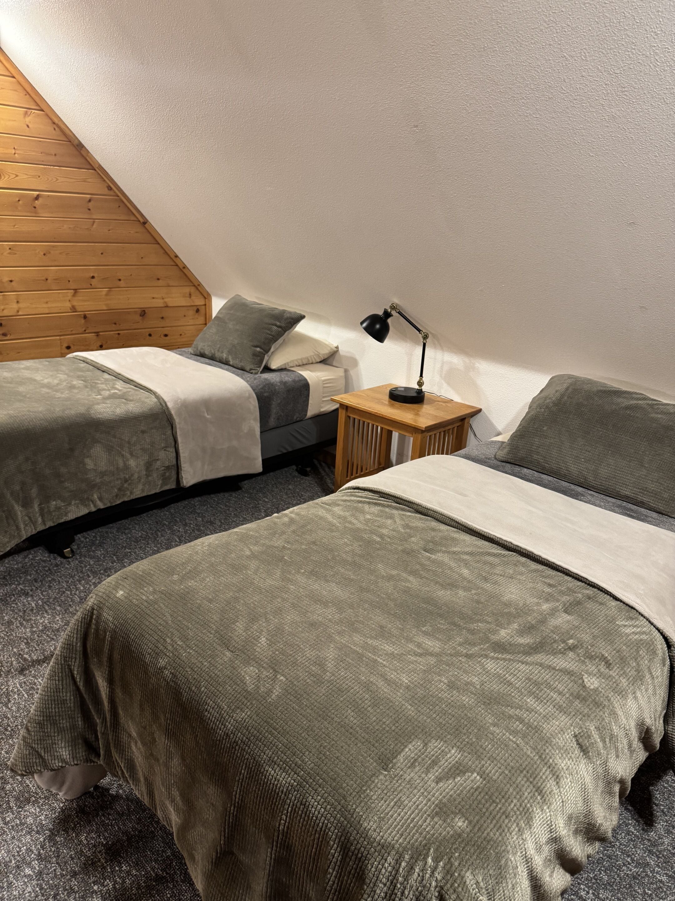 A bedroom with two single beds, a wooden headboard, a small bedside table with a lamp, and a carpeted floor.