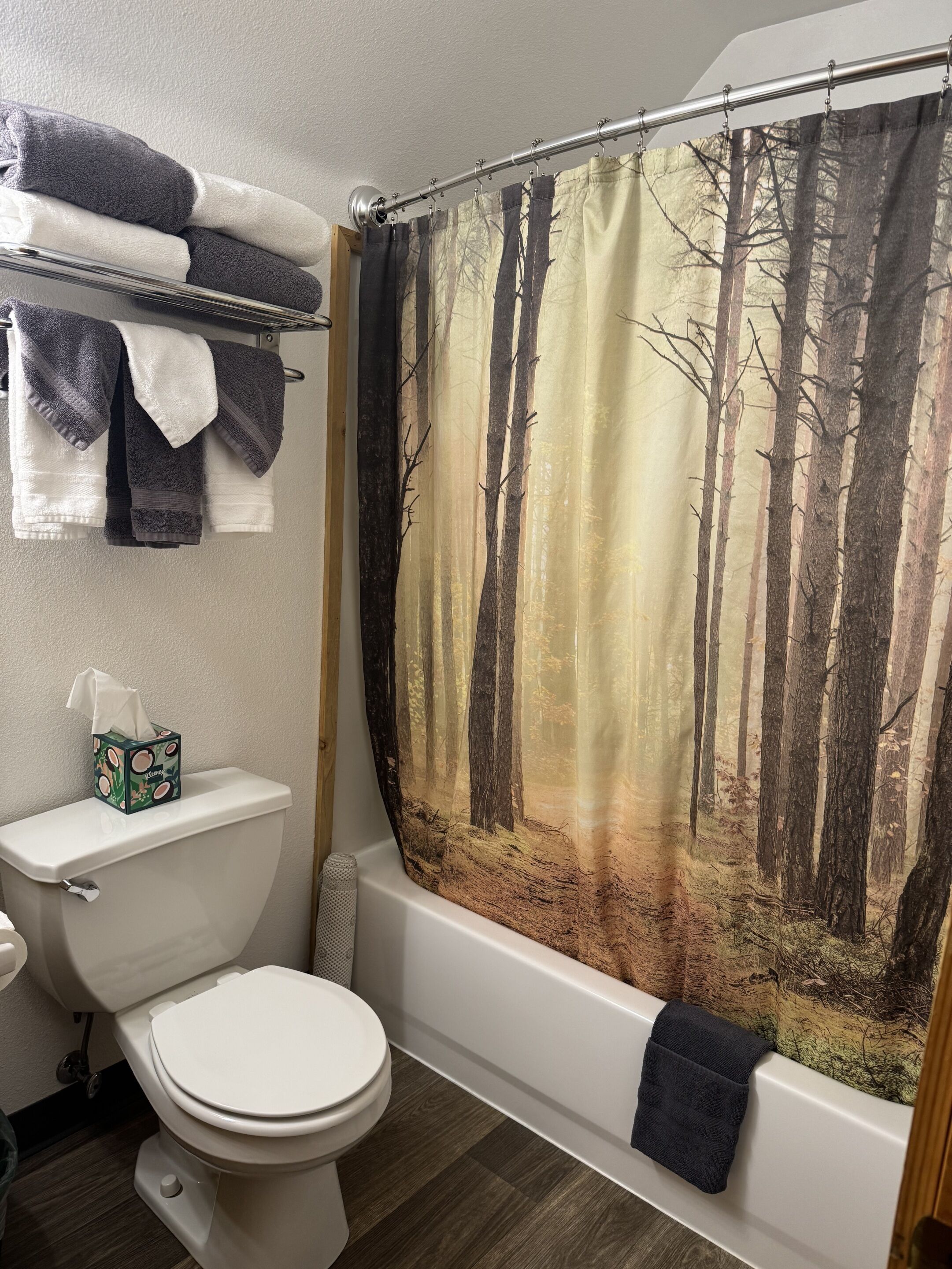 Un baño con inodoro, un perchero con toallas dobladas, una caja de pañuelos de papel y una cortina de ducha con motivos forestales.