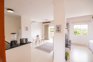 Departamento superior, balcón, vista al lago | Área de sala de estar | Smart TV de 42 pulgadas con canales vía satélite, televisión y Netflix