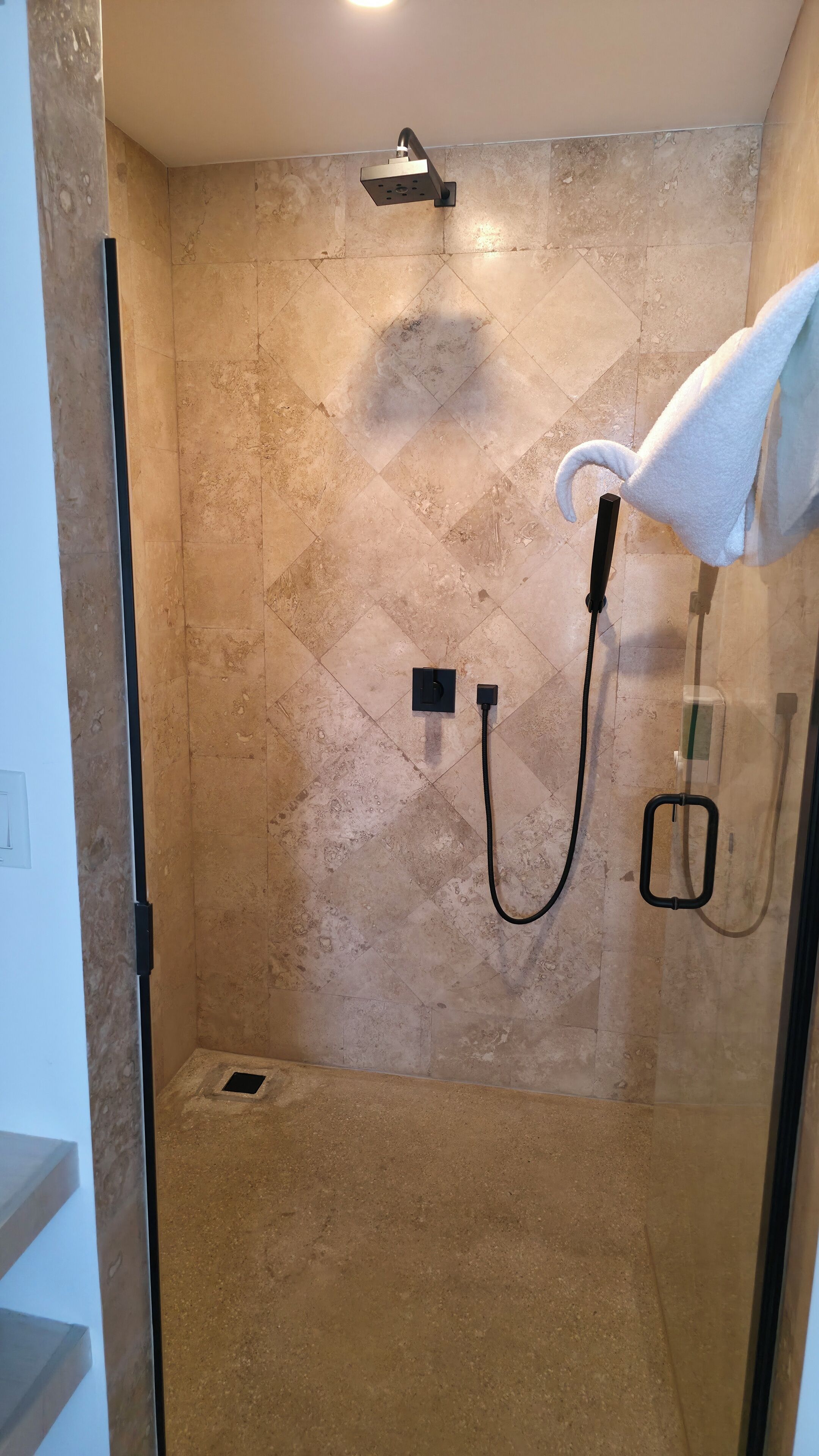 A glass-enclosed shower with a handheld showerhead, a handheld vacuum, and a towel rack.