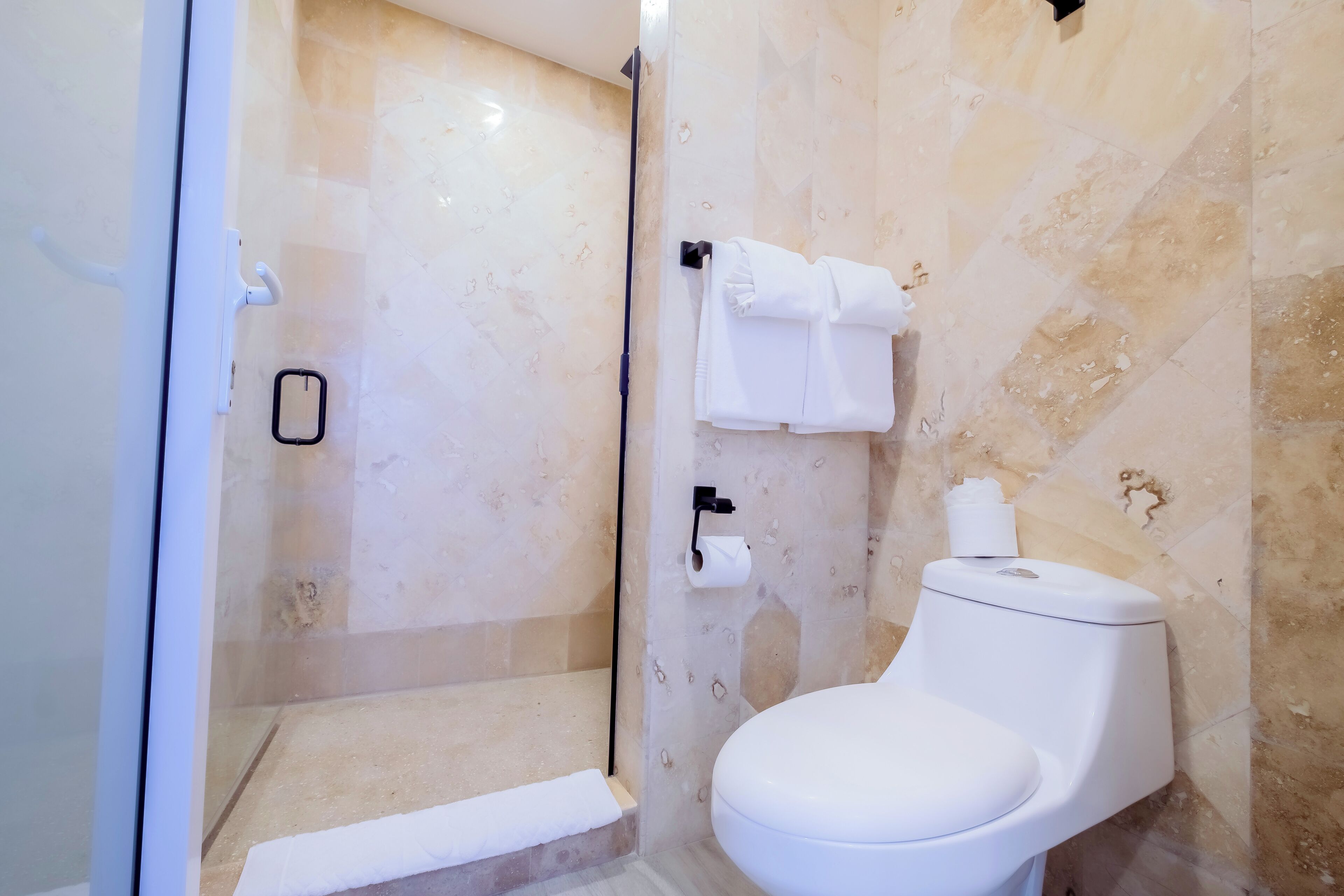 Un baño con ducha de vidrio, inodoro y perchero para toallas.