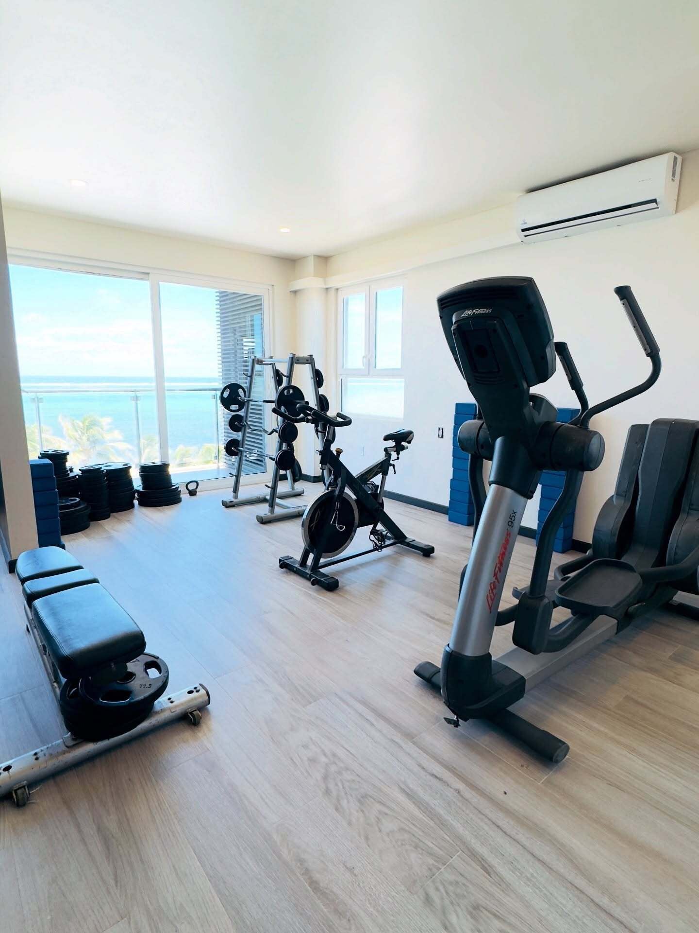 Ein geräumiges Fitnessstudio mit unterschiedlichen Trainingsgeräten, großen Fenstern und Meerblick.