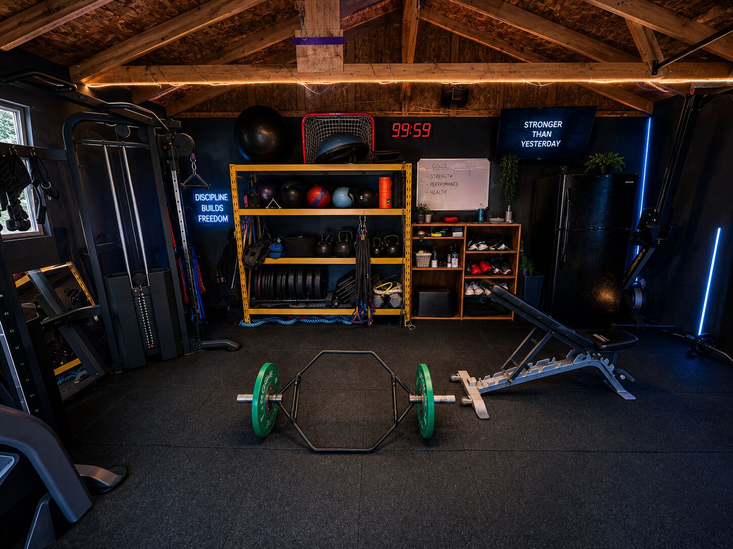 Un gimnasio con equipamiento de levantamiento de pesas, un reloj digital y carteles motivacionales.