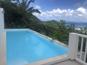 En swimmingpool med udsigt til havet og bakker.