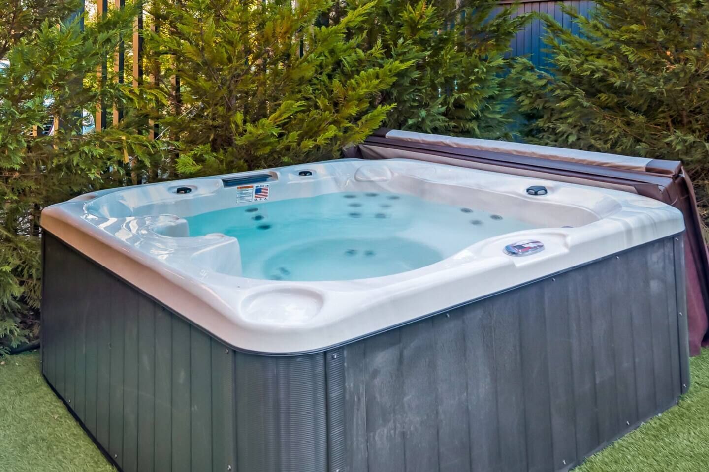 Un bain à remous de forme rectangulaire, entouré de verdure.