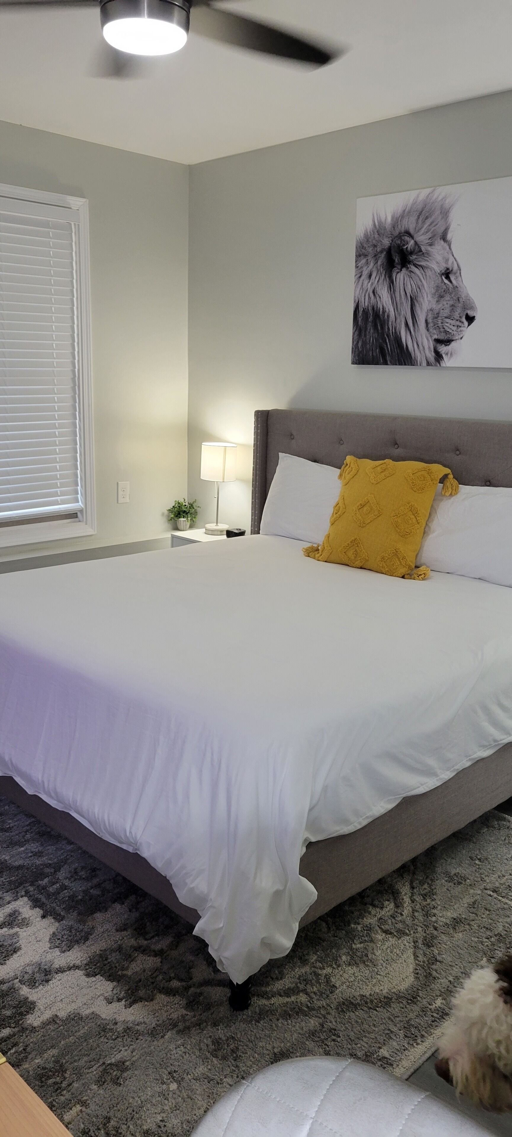 A bedroom with a large bed, a ceiling fan, a wall-mounted lamp, and a framed picture of a lion.