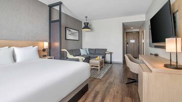 Une chambre d’hôtel avec un grand lit, un canapé, un bureau et une télévision.