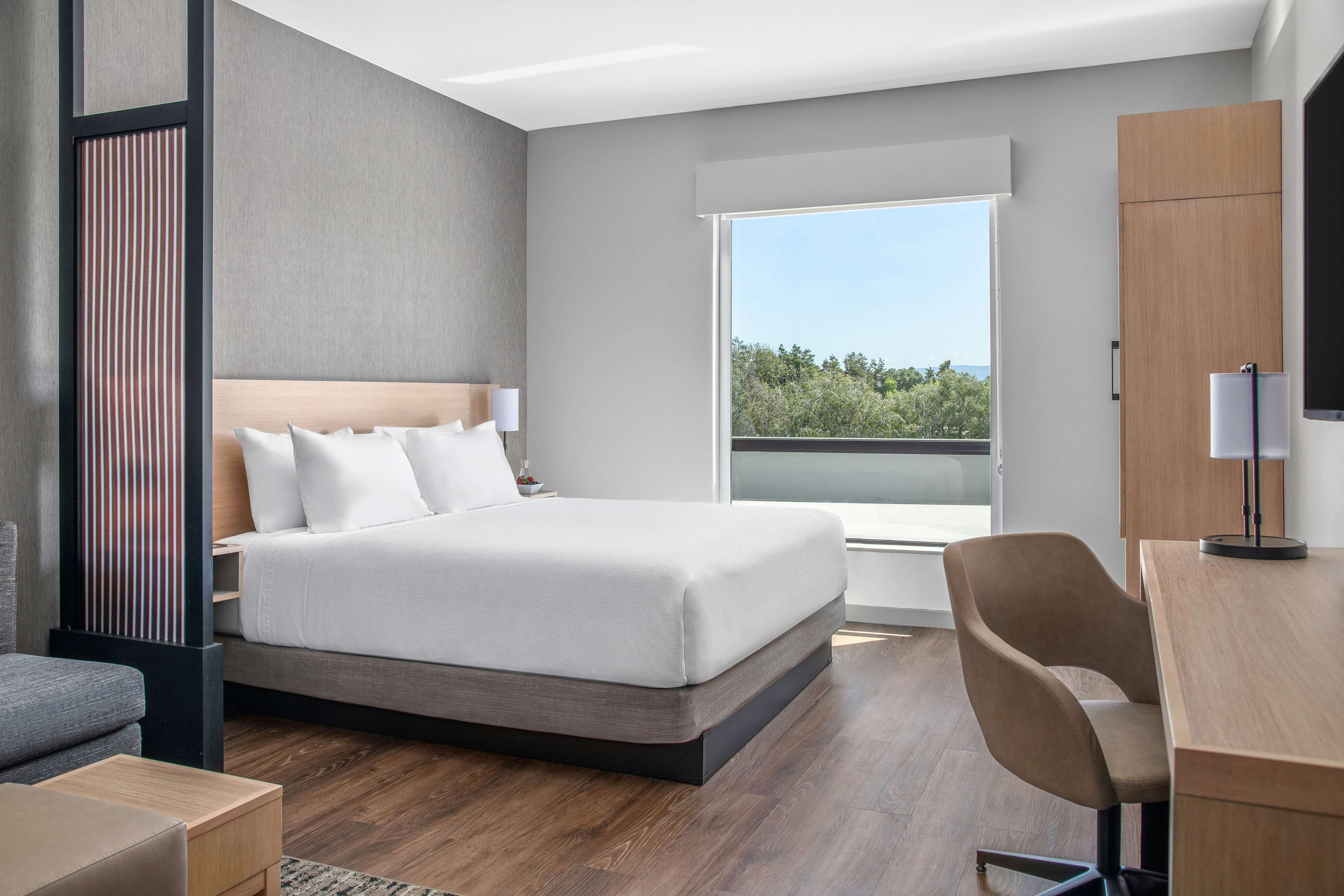 A modern hotel room with a large bed, a desk, and a view of greenery through a window.
