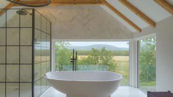 Bathtub, hair dryer, towels, shampoo