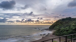 Paesaggio costiero con spiaggia, costa rocciosa e fitta foresta.