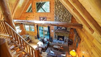 TV connectée, cheminée, livres, vidéothÚque