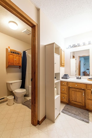 Bathtub, hair dryer, towels, soap