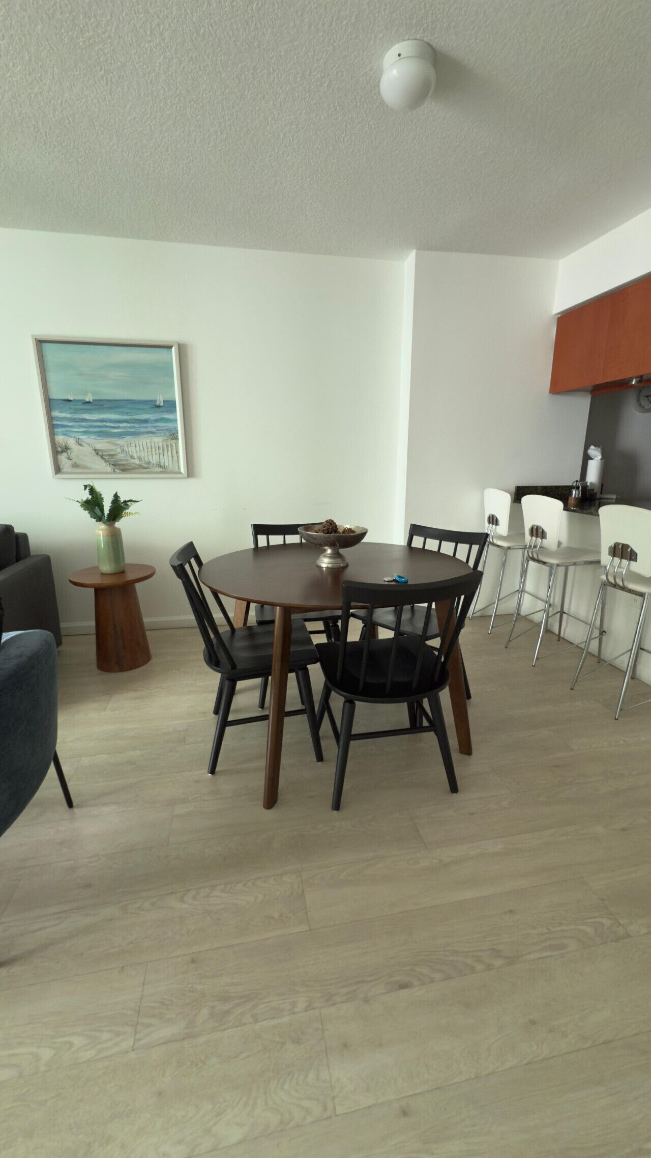 Een eetruimte met een ronde tafel, stoelen, een klein bijzettafeltje met een plant en een schilderij aan de muur.