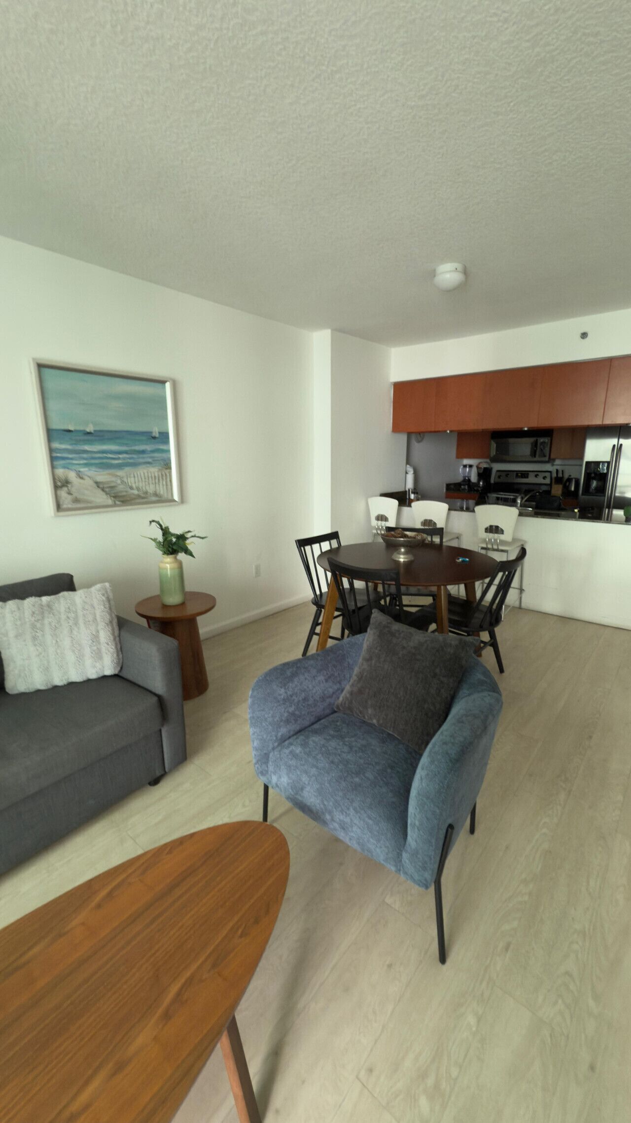 A living room with a sofa, a small table with a plant, a dining area with a table and chairs, and a kitchen in the background.