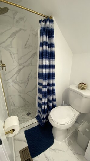 Douche, séchoir à cheveux, serviettes fournies, savon