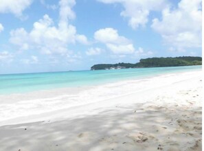 A beach with clear turquoise water and a sandy shore. - Spacious T3 gîtes, lovely terrace and shared swimming pool, sea view, peaceful (Capesterre-Belle-Eau)