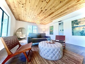 Smart TV, fireplace, books
